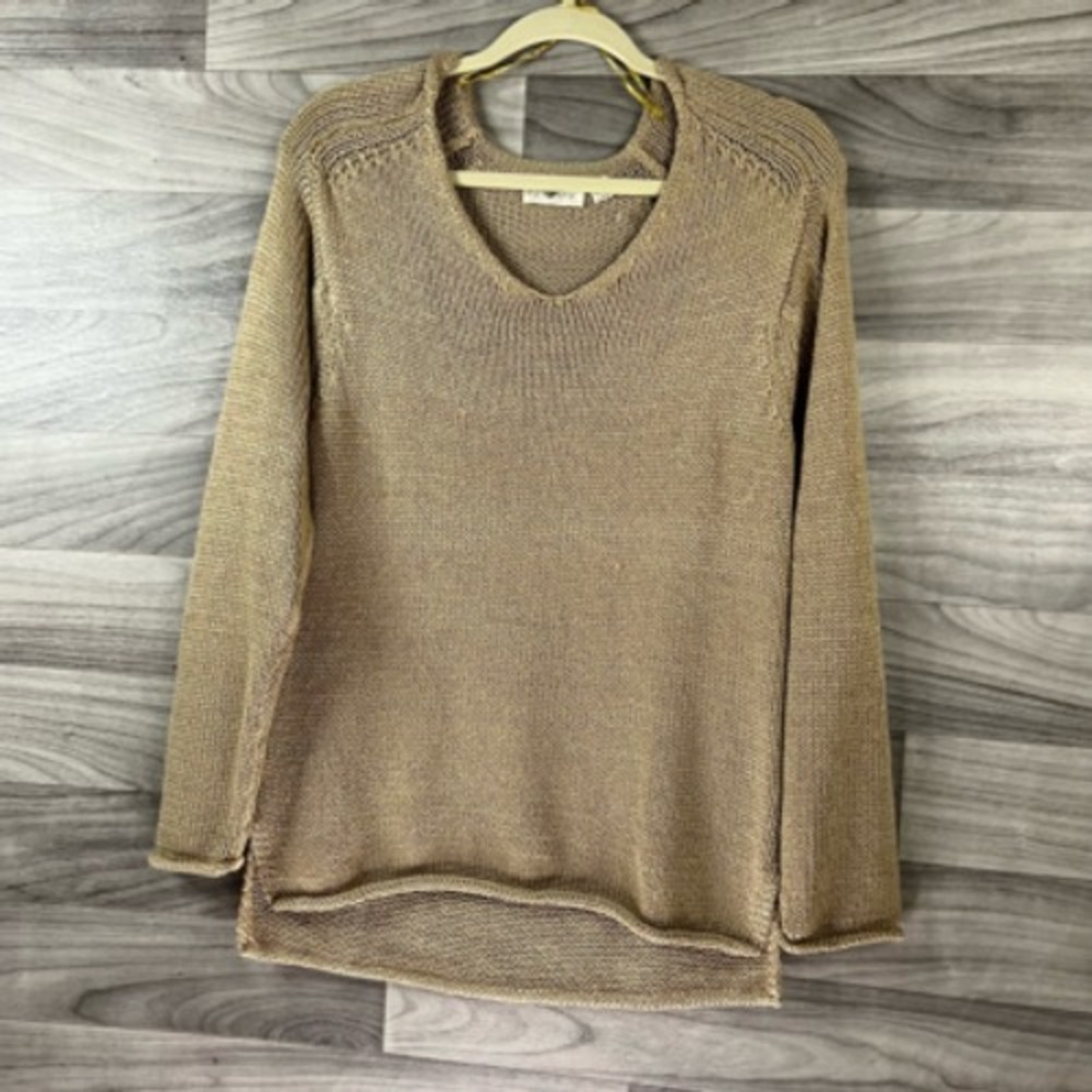Retrod Womens Pullover Sweater Beige Long Sleeve V Neck Tight Knit Slit S - Picture 5 of 12